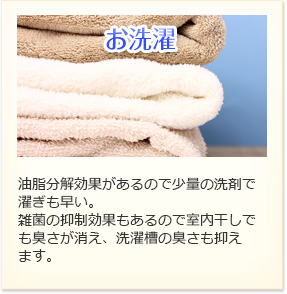 お洗濯 油脂分解効果があるので少量の洗剤で濯ぎも早い。雑菌の抑制効果もあるので市内干しでも臭さが消え、洗濯槽の臭さも抑えます。
